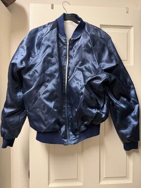 Vintage 80's Navy Satin Bomber Jacket - Classic Varsity Style